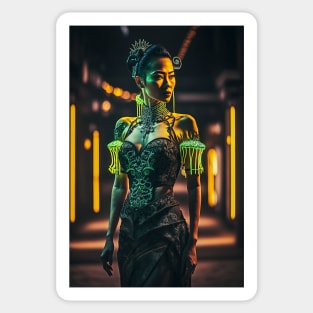 Cyperpunk Asian Beauty with Futuristic Cityscape - Ultra Realistic Sticker